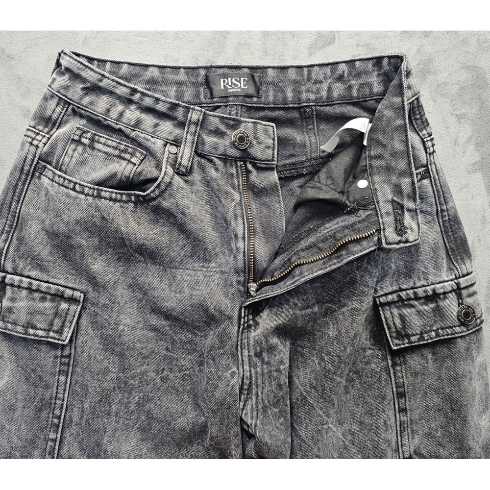 RISE SUPPLY CO Women Gray Acid Wash Wide Leg Cargo Jeans Size 5 Streetwear Y2K